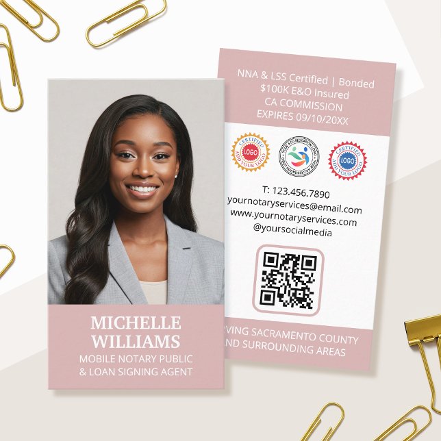 Notar Public Signature Agent Foto QR Code Rosa Visitenkarte (Von Creator hochgeladen)