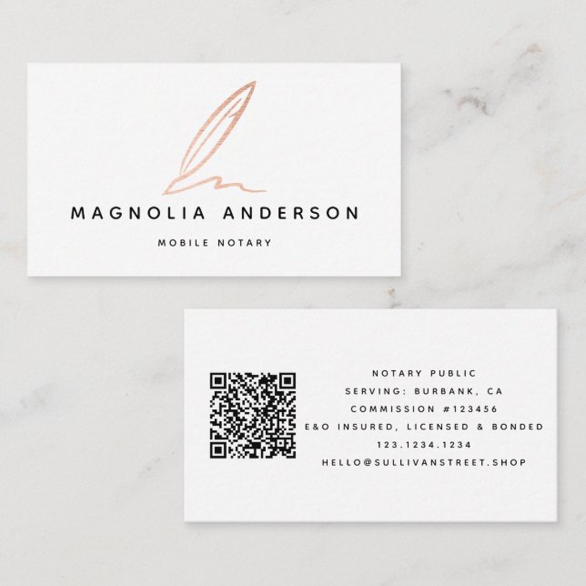 Notar Public Signing Agent Rose Gold Foil QR Code Visitenkarte (Vorne/Hinten)