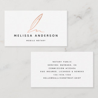 Notar Public Signing Agent Rose Gold Foil Quill Visitenkarte