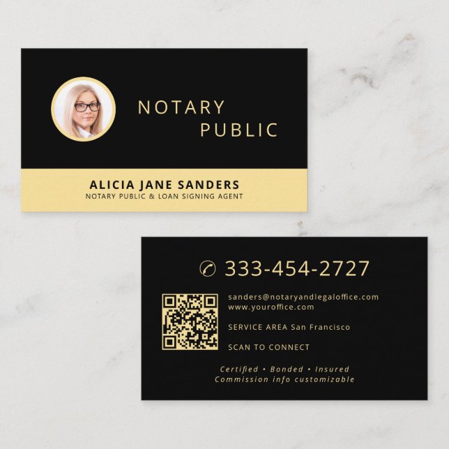 Notar-QR-Code-Foto professionell Schwarz Gold Visitenkarte (Vorne/Hinten)