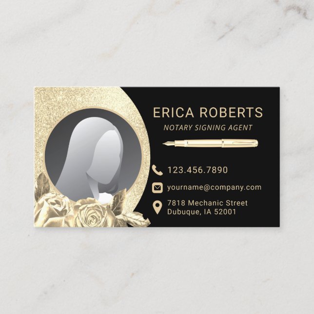 Notar Signatur Agent Black & Gold Floral Foto Visitenkarte (Vorderseite)