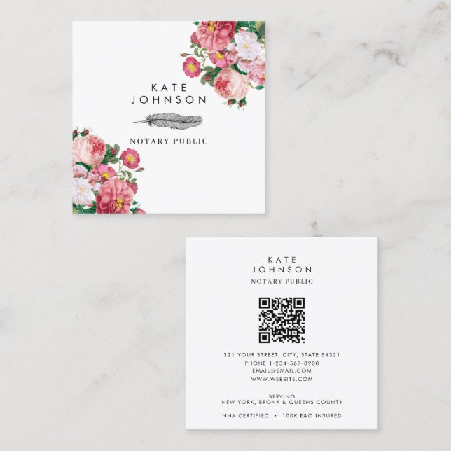 Notar Signatur Agent Feather Quill Pink Blumen Quadratische Visitenkarte (Vorne/Hinten)