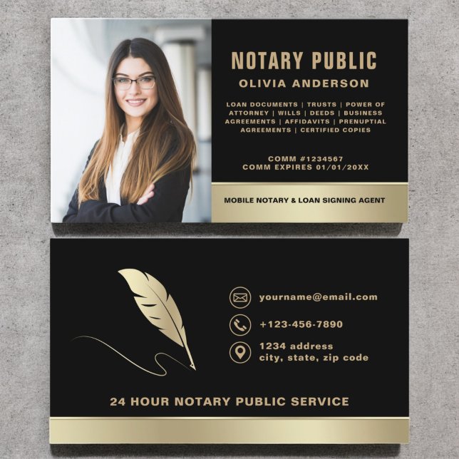 Notar Signatur Agent Foto Black & Gold Visitenkarte (Von Creator hochgeladen)