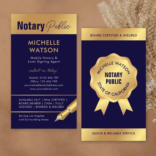 Notar Signing Agent Moderne Marine & Gold Visitenkarte (Modern notary loan signing agent business cards in navy blue and gold)