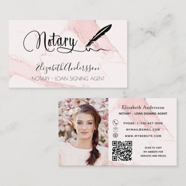 Notar Unterzeichnung Agent Rosa Marmor Foto QR Visitenkarte (Vorne/Hinten)