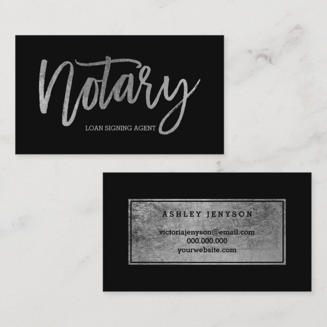 Notarische elegante silberne Typografie schwarz Visitenkarte (Vorne/Hinten)