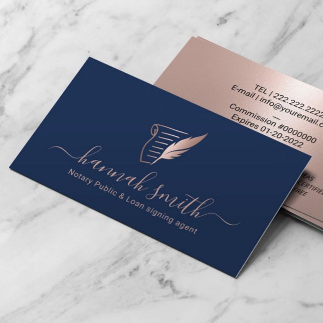 Notarkredit Signieren Agent Rose Gold Quill Navy Visitenkarte (Von Creator hochgeladen)