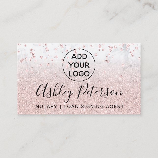Notarlogo Konfetti Marmor Rose Gold Glitzer Visitenkarte (Vorderseite)
