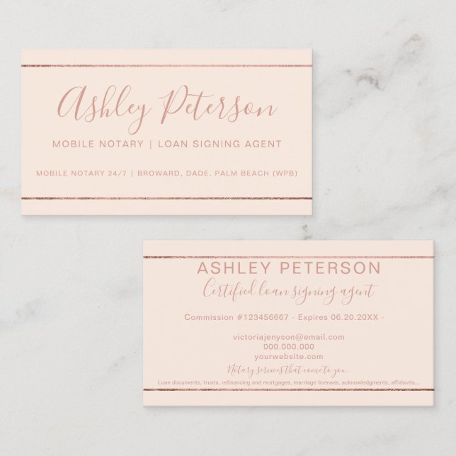 Notartypografie Rose Goldstreifen pink Visitenkarte (Vorne/Hinten)