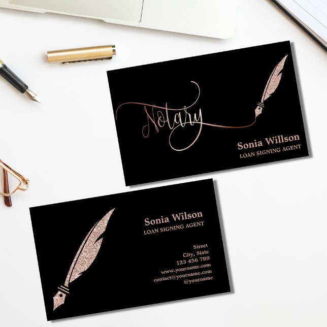 Notary elegant rose gold typography feather pen visitenkarte (Von Creator hochgeladen)