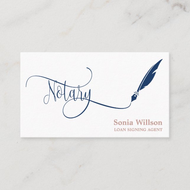 Notary elegary blue marvy typography feather pen visitenkarte (Vorderseite)