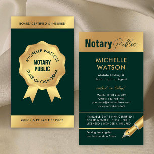 Notary Loan Signing Agent Elegant Green & Gold Visitenkarte