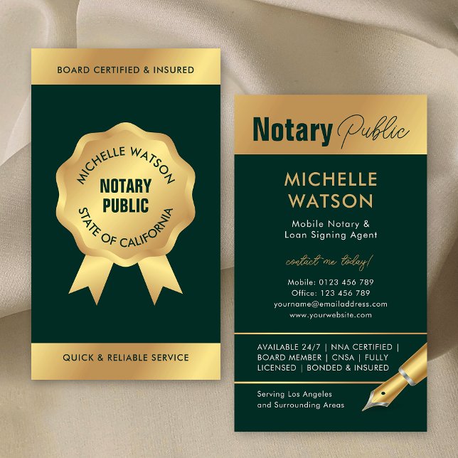 Notary Loan Signing Agent Elegant Green & Gold Visitenkarte (Professional notary loan signing agent photo business cards in emerald green and gold)