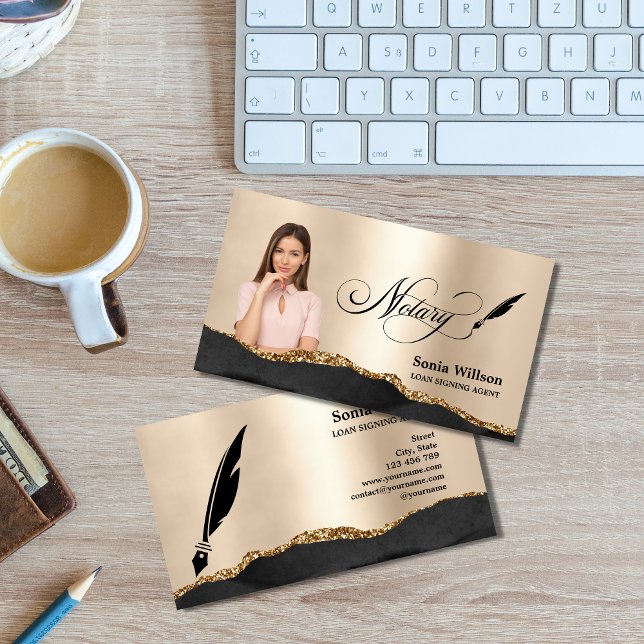 Notary Loan Signing Agent Modernes Black Gold Foto Visitenkarte (Von Creator hochgeladen)