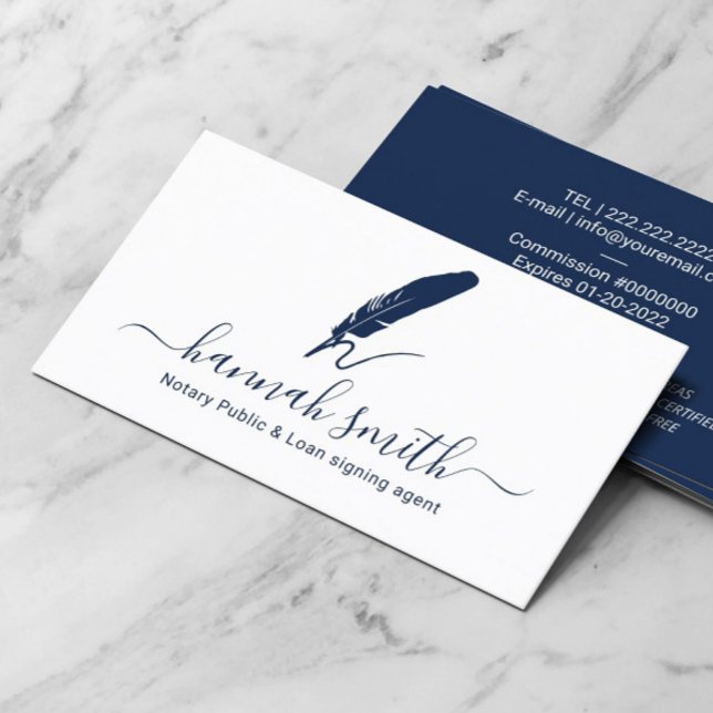 Notary Loan Signing Agent Quill Logo Schlicht Navy Visitenkarte (Von Creator hochgeladen)