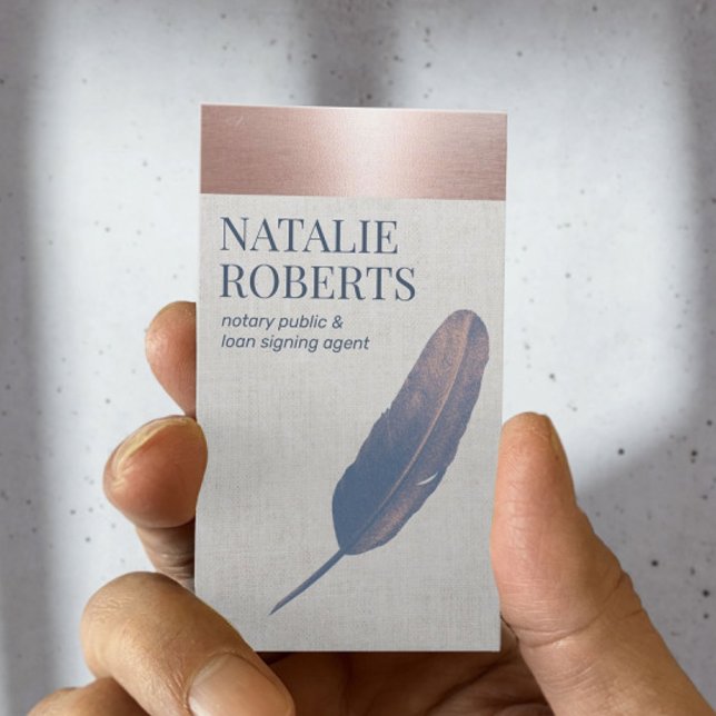 Notary Loan Signing Agent Rose Gold Blue Quill Visitenkarte (Von Creator hochgeladen)