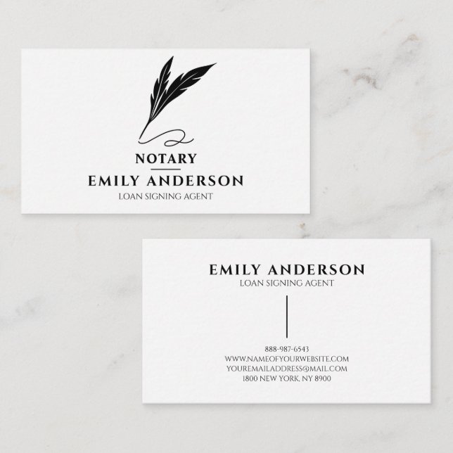 Notary Loan Singing Agent Minimal Feather Quill Visitenkarte (Vorne/Hinten)