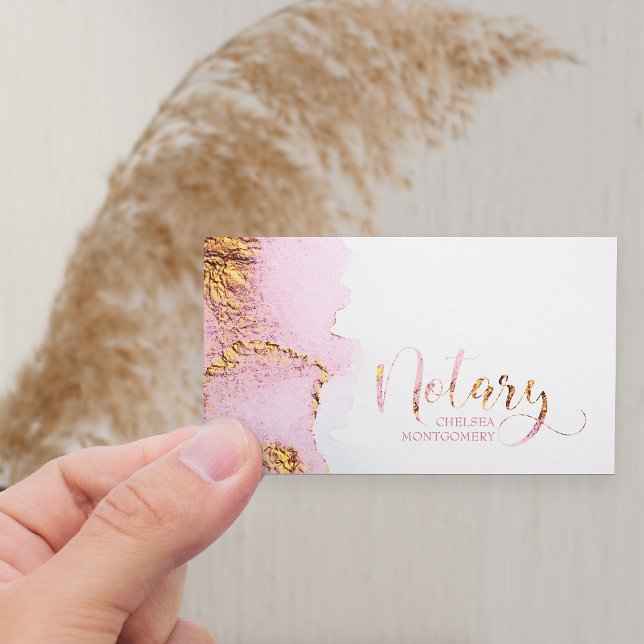 Notary Pink Watercolor und Gold Calligraphy Visitenkarte (Horizontal Business Card for Notary in pink and gold)