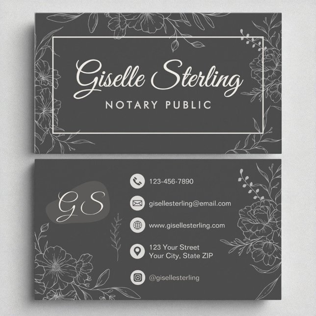 Notary Public Moody Charcoal Gray Floral Script Visitenkarte (Von Creator hochgeladen)