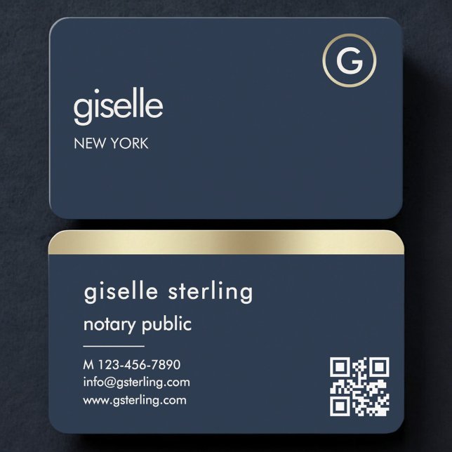 Notary Public Navy Blue Gold QR Code Visitenkarte (Von Creator hochgeladen)
