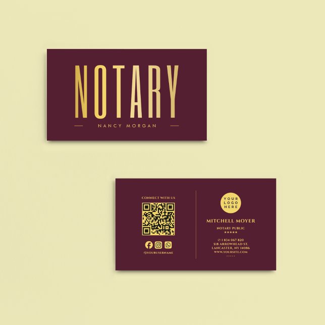 Notary Public Signing Agent Logo Burgundy & Gold Visitenkarte (Von Creator hochgeladen)