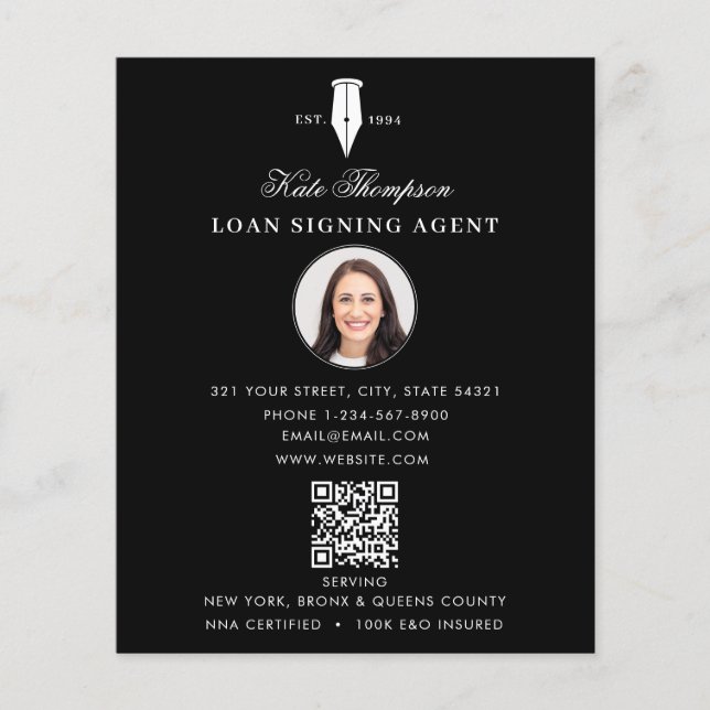 Notary Signing Agent  Modern Black QR Code Photo Flyer (Vorne)