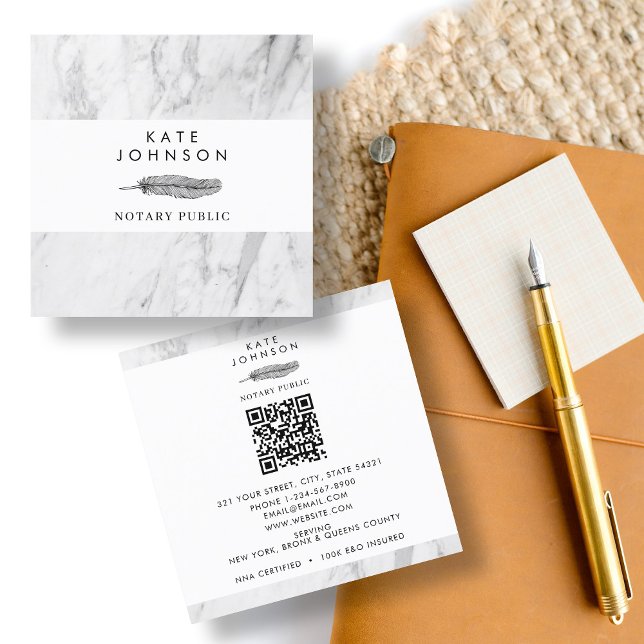 Notary Signing Agent White Marble Quill Logo Quadratische Visitenkarte (Notary Signing Agent White Marble Quill Logo Square Business Card)