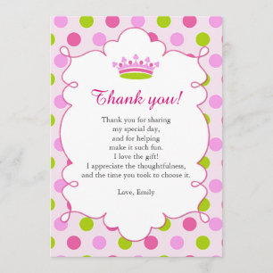 Note de carte de remerciements de princesse Pink