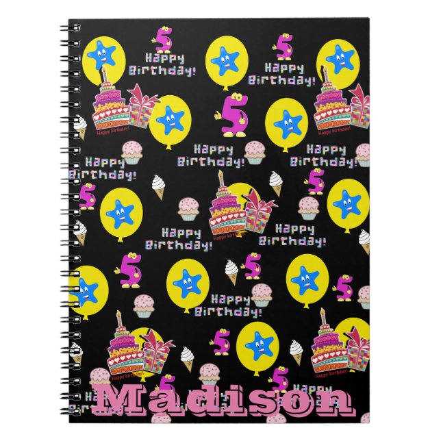 Notebook, #5 Happy 5th Birthday Notes Black Notizblock (Vorderseite)