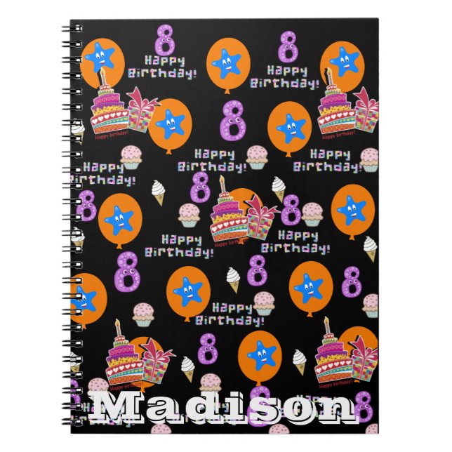 Notebook, #8 Happy 8th Birthday Notes Black Notizblock (Vorderseite)