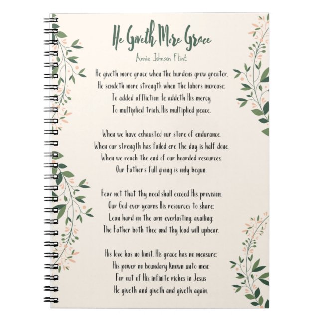 Notebook Annie Johnson Flint He Giveth More Grace Notizblock (Vorderseite)
