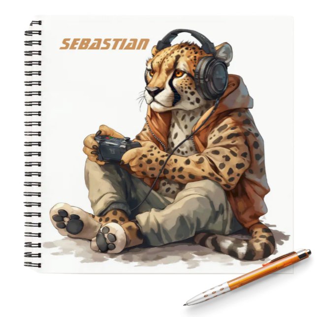 Notebook für Kinder Gamer Cheetah Notizbuch (Funny Cheetah wearing headphones and a hoodie playing video games kids personalized notebook)