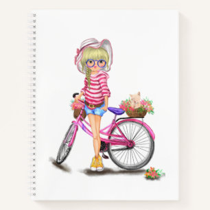 Notebook mit Blonde Girl and Pink Bike Notizbuch