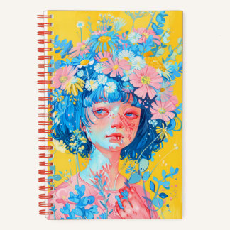Notebook mit einem Mädchen mit einem Kranz blauer  Notizbuch
