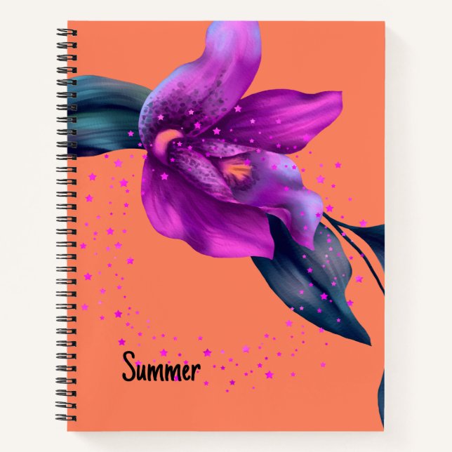 Notebook mit Lila Orchid-Design auf Orange Notizbuch (Vorderseite)