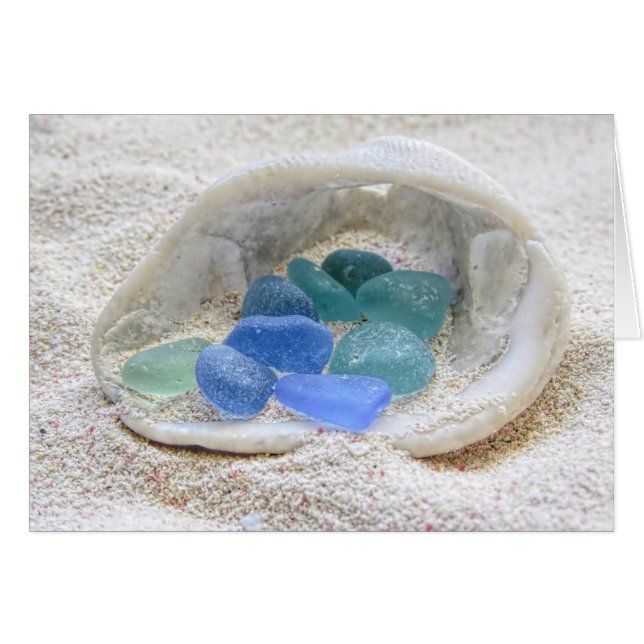 Notecard - Blaues Meerglas auf Seashell (Vorderseite (Horizontal))