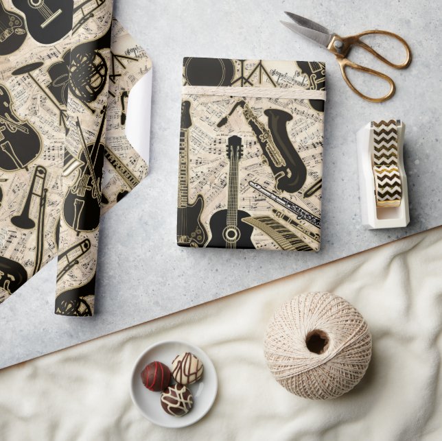 Noten und Instrumente Black/Gold ID481 Geschenkpapier (Kunsthandwerk)