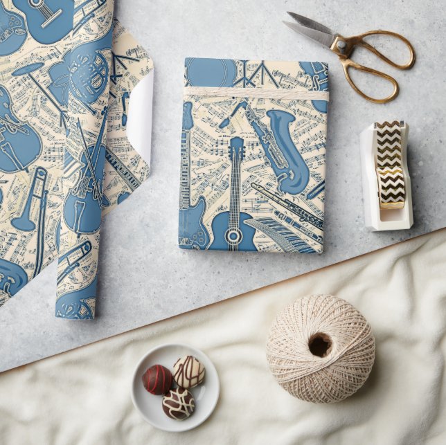 Noten und Instrumente Blue/Ivory ID481 Geschenkpapier (Kunsthandwerk)