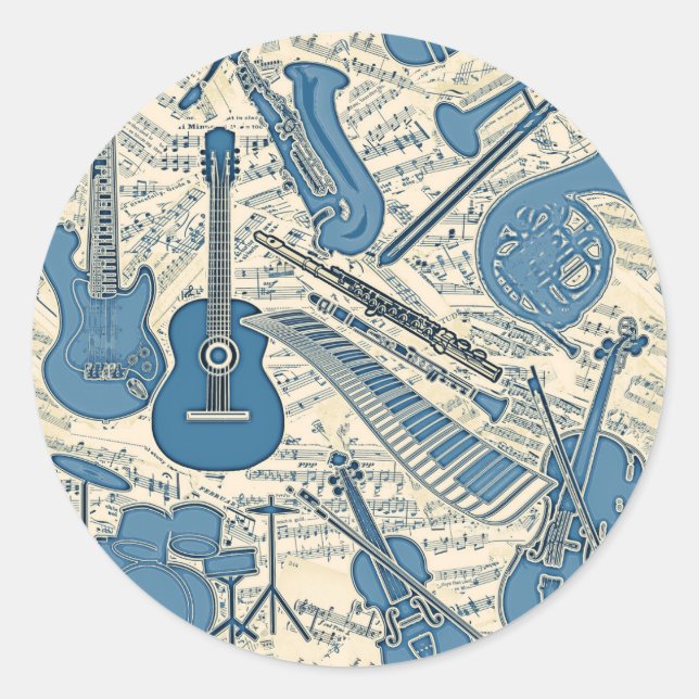 Noten und Instrumente Blue/Ivory ID481 Runder Aufkleber (Vorderseite)
