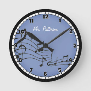 Notes de musique bleue Grande horloge personnalisé