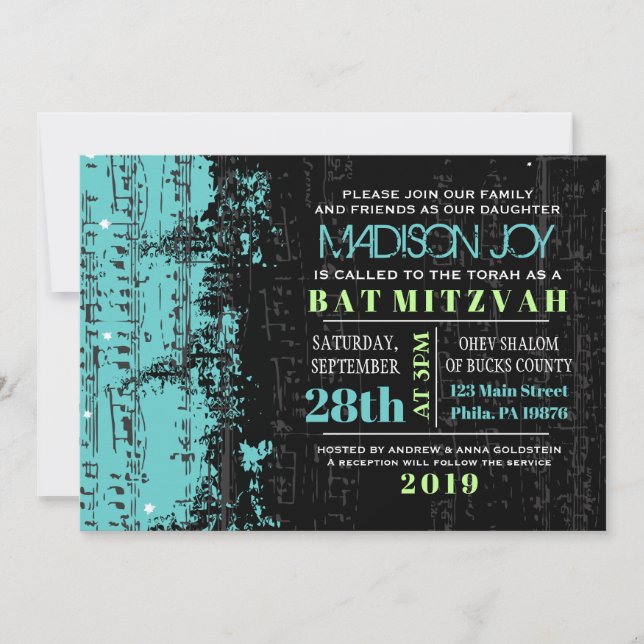 Notes de musique Stars Bar Mitzvah Invitation Turq (Devant)