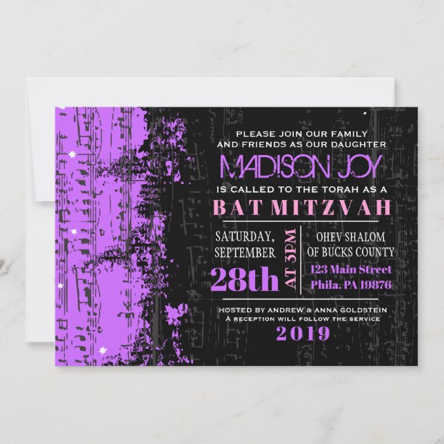 Notes de musique Stars Bar Mitzvah Invitation Viol (Devant)