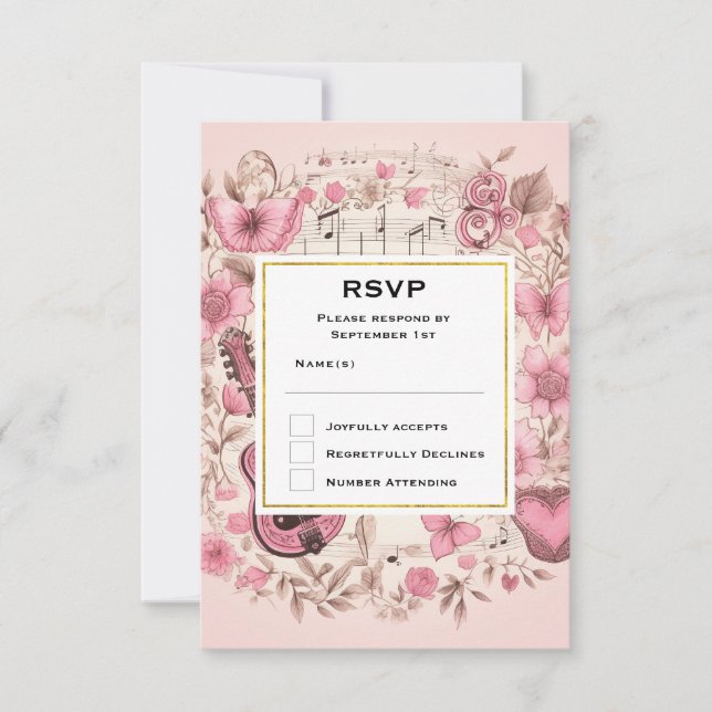 Notes musicales et fleurs Mariage élégant RSVP (Devant)