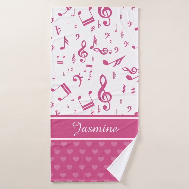 Notes musicales personnalisées et Coeurs Motif ros (Serviette de bain)
