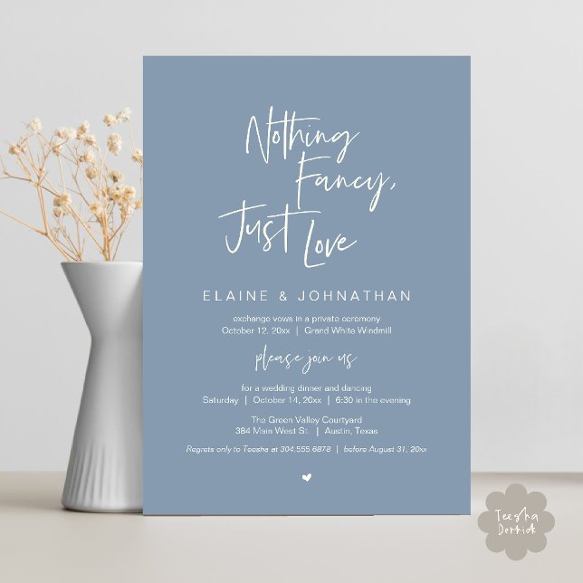 Nothing Fancy Just Love Modern Minimalist Casual Einladung (Nothing Fancy Just Love Modern Minimalist Casual Wedding Dinner Invitation Card in Dusty Blue)