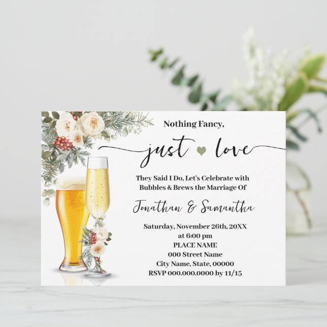 Nothing Fancy Just Love White Winter Wedding Einladung (Stehend Vorderseite)