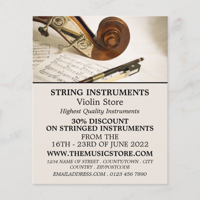 Notiz für Geigen, Musikinstrumentenladen Flyer (Vorne)