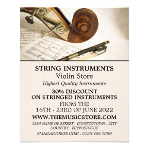 Notiz für Geigen, Musikinstrumentenladen Flyer