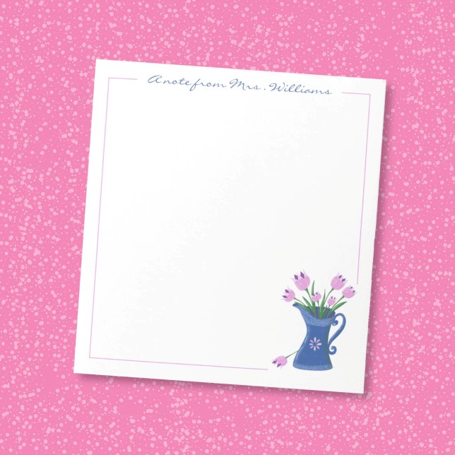 Notizblock Lehrer Dankeschön Blumenstrauß (Pretty pink tulip bouquet in a blue jug personalized notepad . )