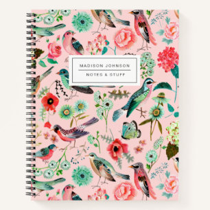 Notizbuch mit Allover-Druck in Pink mit Vögeln und
